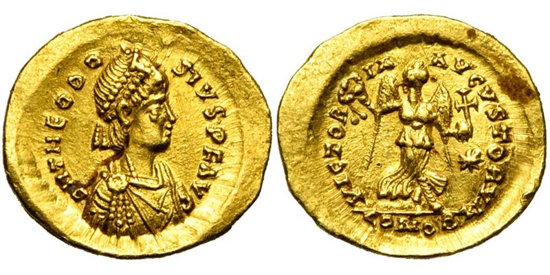 THEODOSE II (402-450), AV tremissis, 408-420, Constantinople. D/ DN THEODO-SIVS ...