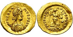 THEODOSE II (402-450), AV tremissis, 408-420, Constantinople. D/ DN THEODO-SIVS P F AVG B. diad., dr., cuir. à d. R/ VICTORIA- AVGVSTORVM/ CONOB Victo...