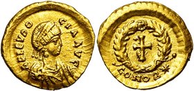 EUDOCIA (†460), femme de Théodose II, AV tremissis, 444, Constantinople. D/ AEL EVDO-CIA AVG B. diad., dr. à d. R/ CONOB Croix dans une couronne. RIC...