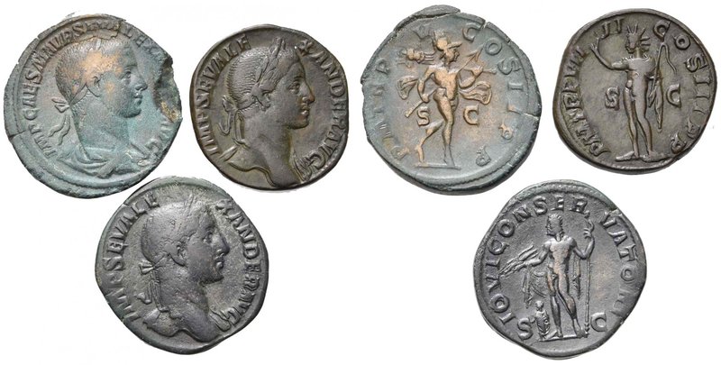 SEVERE ALEXANDRE (222-235), lot de 3 sesterces frappés à Rome: 226, R/ Mars port...