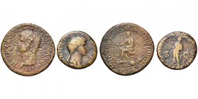 lot de 2 bronzes: Néron Drusus, sesterce, R/ Claude assis sur une chaise curule entourée d'armes; Antonia, dupondius, R/ Claude voilé, ten. un simpulu...