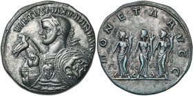 MAXIMIEN HERCULE (286-305), AE médaillon. D/ VIRTVS MAXIMIANI AVG B. l. à g., ten. un cheval par la bride de la main d. et un bouclier de la main g. S...