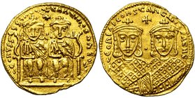Léon IV le Khazar (775-780), AV solidus, 778-780, Constantinople. D/ Léon IV et Constantin VI trônant de f. Entre leurs t., une croix. R/ B. de Léon I...
