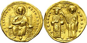 Romain III Argyre (1028-1034), AV histamenon, Constantinople. D/ Le Christ nimbé, trônant de f., bénissant et ten. les Evangiles. R/ L'empereur deb. t...