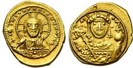 Constantin IX Monomaque (1042-1055), AV tetarteron, Constantinople. D/ B. du Christ nimbé de f., bénissant et ten. les Evangiles. R/ B. de l'empereur ...