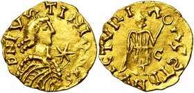 BURGONDES ou MEROVINGIENS, AV tremissis pseudo-impérial, Chalon-sur-Saône. Au titre de Justinien Ier (527-565). D/ DN IVSTINIANVS B. stylisé à d. Deva...