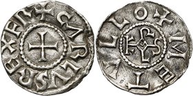 CAROLINGIENS, Charlemagne (768-814) ou Charles le Chauve (840-877), AR denier, à partir de 793/794, Melle. D/ + CARLVS REX FR Croix. R/ + METVLLO Mono...