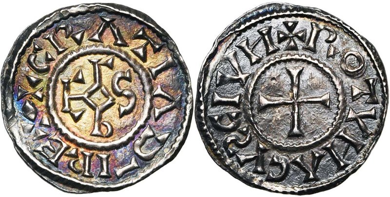 CAROLINGIENS, Charles le Chauve (840-877), AR denier, 864-877, Rouen. D/ + CRΛTI...
