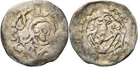 FRANCE, Royaume, Robert II (996-1031), AR denier, Laon. Avec l'évêque Adalbéron (977-1030). D/ B. couronné du roi de f. R/ B. de l'évêque de f., entre...
