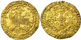 FRANCE, Royaume, Jean II le Bon (1350-1364), AV mouton d'or, janvier 1355. D/ Dans un polylobe, l'agneau pascal à g., t. à d., devant une croix avec g...