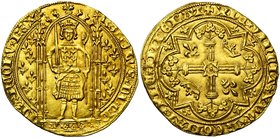FRANCE, Royaume, Charles V (1364-1380), AV franc à pied, avril 1365. D/ Le roi deb. sous un dais, ten. l'épée et la main de justice. Champ fleurdelisé...