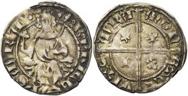 FRANCE, ORANGE, Principauté, Raymond IV (1340-1393), AR carlin. D/ Le prince trônant de f. sur deux lions, ten. un sceptre et une fleur. R/ MON-ET CI-...