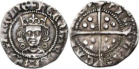 GRANDE-BRETAGNE, Henri VI, 1er règne (1422-1461), AR penny, s.d. (1427), Calais. Hybride annulet/rosette-mascle issue. D/ B. cour. de f., entre deux a...