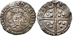 GRANDE-BRETAGNE, Henri VI, 1er règne (1422-1461), AR penny, 1427-1430, Calais. Rosette-mascle issue. D/ B. cour. de f. R/ VIL-LA- CALI-SIE* Croix lo...