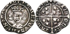 GRANDE-BRETAGNE, Henri VI, 1er règne (1422-1461), AR penny, 1430-1434, Calais. Pinecone-mascle issue. D/ B. cour. de f. R/ VIL-LA- CALI-SIE (pomme d...