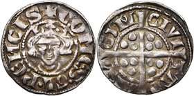 NEDERLAND, GELDERLAND, Graafschap, Reinoud I (1272-1326), AR sterling, ca. 1290, Arnhem. Vz/ + COMES• GL•RECIS Gekroond hoofd v.v. Kz/ CIVI-TAS- AR-...