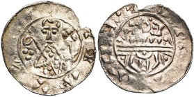 NEDERLAND, HOLLAND, Graafschap, Floris I (1049-1061), AR denarius, Leiden. Imitatie van het Utrechtse type van Willem van Pont (1054-1076). Vz/ De sta...