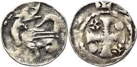 BRABANT, Duché, Godefroid III (1143-1190), AR denier, 1164-1183. D/ Dragon à g., t. à d. R/ Croix cantonnée de deux annelets pointés et de deux croise...