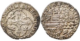 BRABANT, Duché, Albert et Isabelle (1598-1621), billon demi-patard, 1614, Bruxelles. D/ Croix avec le monogramme AE en coeur, dans un quadrilobe. R/ A...