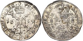 BRABANT, Duché, Philippe IV (1621-1665), AR patagon, 1639, Anvers. D/ Croix de Bourgogne sous une couronne, portant le bijou de la Toison d'or. R/ Ecu...