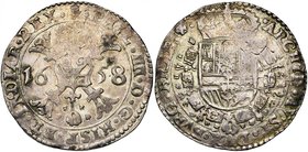 BRABANT, Duché, Philippe IV (1621-1665), AR patagon, 1658, Anvers. D/ Croix de Bourgogne sous une couronne, portant le bijou de la Toison d'or. R/ Ecu...