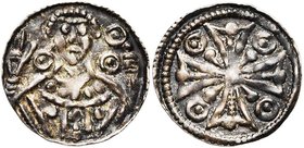 GEMBLOUX, Abbaye, Henri Ier de Brabant, avoué (1190-1235), AR denier, 1211-1235. D/ Abbé bénissant de f., ten. une crosse. Deux annelets pointés dans ...