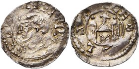 CELLES, Abbaye, AR denier, vers 1056-1070. Au titre d'Henri IV (1056-1106). D/ +- HEINR-S B. de l'empereur à g., tête nue. Devant, une épée. R/ + CE+L...