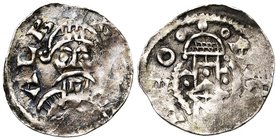 NAMUR, Comté, Albert III (1063-1102), AR denier, fin du 11e s., Dinant. D/ ALB-[E-RTVS] B. cuir. de f., avec une longue moustache. R/ DEO·-·NAN Tour f...