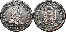 ARCHES, Principauté, Charles Ier de Gonzague (1601-1637), AR denier tournois, 1608, Charleville. D/ B. cuir. à d. R/ Ecu couronné. P.A. 6155 var.; De ...