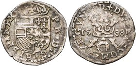 FRANCHE-COMTE, Philippe II (1556-1598), billon gros, 1588, Dole. D/ Ecu couronné. R/ Croix de Bourgogne séparant la date, sous une tour. P.A. 5297 var...