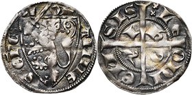 LIEGE, Principauté, Jean de Flandre (1282-1292), AR esterlin, Huy. D/ I-OH-ANNE-SEPC Ecu au lion brandissant une épée. R/ LE-ODI-EN-SIS Croix long...