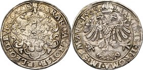 LIEGE, Principauté, Gérard de Groesbeeck (1564-1580), AR rixdaler, 1569, Hasselt. Au titre de Maximilien II de Habsbourg. D/ L'écu de l'évêque surmont...