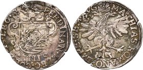 LIEGE, Principauté, Ernest de Bavière (1581-1612), AR 4 patards, s.d. (1613), Liège. Au titre de Matthias Ier. D/ Ecu dans un cartouche orné, sous le ...