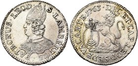 LIEGE, Principauté, Siège vacant (1763), AR escalin, 1763. D/ B. mitré du saint à g. R/ Lion deb. à g., soutenant l'écu de Liège. Chestret 695; Dengis...