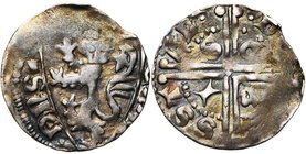 HERSTAL, Henri de Louvain (1254-1285), AR esterlin, vers 1280. Monétaire Ghislebert. D/ [·H·-ENRIC]-·DNS- Ecu au lion. R/ ·DE- HAR-SST-AL· Double croi...
