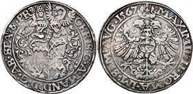 STAVELOT, Abbaye, Christophe de Manderscheid (1546-1576), AR rixdaler, 1567. Deuxième type. Au titre de Maximilien II. D/ L'écu écartelé de l'abbé dan...