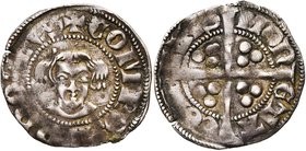 LOON, Graafschap, Arnold V (1279-1323), AR sterling, Hasselt. Vz/ + COMES ARNOLDVS Ongekroond hoofd. Twee roosjes in de legende. Kz/ MON-TA- COM-ITIS...