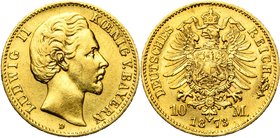 ALLEMAGNE, BAVIERE, Ludwig II (1864-1886), AV 10 Mark, 1873D. J. 193; A.K.S. 191; Fr. 3764. Nettoyé.

Très Beau / Very Fine