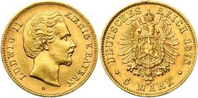 ALLEMAGNE, BAVIERE, Ludwig II (1864-1886), AV 5 Mark, 1878D. J. 195; A.K.S. 193; Fr. 3767. Rare.

Très Beau à Superbe / Very Fine - Extremely Fine