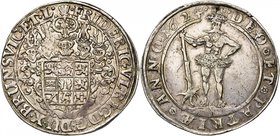 ALLEMAGNE, BRUNSWICK-WOLFENBÜTTEL, Friedrich Ulrich (1613-1634), AR Taler, 1624HL, Zellerfeld. D/ Ecu surmonté de cinq heaumes. R/ Homme sauvage deb. ...