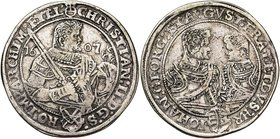 ALLEMAGNE, SAXE, Christian II, Johann Georg Ier et August (1591-1611), AR Taler, 1607HR, Dresde. D/ B. cuir. de Christian II à d., ten. une épée sur l...
