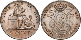BELGIQUE, Royaume, Léopold Ier (1831-1865), Cu 5 centimes, 1837. BRAEMT F. avec point. Dupriez 144. Petites taches.

Superbe à Fleur de Coin / Extre...