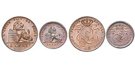 BELGIQUE, Royaume, Léopold Ier (1831-1865), lot de 2 p.: 5 centimes 1842 (léger défaut de flan au droit), 2 centimes 1833 (petite tache au revers).
...