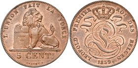 BELGIQUE, Royaume, Léopold Ier (1831-1865), Cu 5 centimes, 1859. Avec croix sur la couronne. Dupriez 690. Petit coup sur la tranche.

Superbe à Fleu...