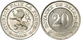 BELGIQUE, Royaume, Léopold Ier (1831-1865), 20 centimes, 1860. Essai de Braemt en nickel. Tranche cordonnée en creux. Dupriez 726. Rare Petites taches...