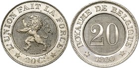 BELGIQUE, Royaume, Léopold Ier (1831-1865), 20 centimes, 1860. Essai de Braemt en nickel. Tranche cordonnée en creux. Dupriez 728. Petites taches.

...