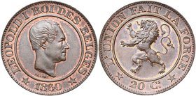BELGIQUE, Royaume, Léopold Ier (1831-1865), 20 centimes, 1860. Essai de Braemt en cuivre. Tranche cordonnée en creux. Dupriez 750. Rare.

Fleur de C...