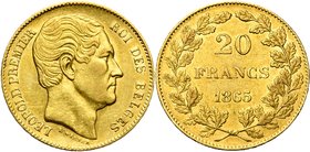 BELGIQUE, Royaume, Léopold Ier (1831-1865), AV 20 francs, 1865. Pos. B, L WIENER, la 1e feuille du rameau de d. sur la 2e. Bogaert 924D.

Très Beau ...