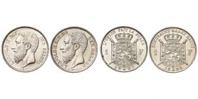 BELGIQUE, Royaume, Léopold II (1865-1909), AR lot de 2 p.: 1 franc 1886FR (sur 1866), sans point et 1886NL avec point.

Superbe à Fleur de Coin / Ex...