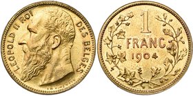 BELGIQUE, Royaume, Léopold II (1865-1909), 1 franc, 1904FR. Essai en bronze jaune. Tranche lisse. Flan épais. Dupriez 1518. Très rare Petites taches....